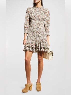 Veronica Beard Farha Floral Smocked Brown Multi Mini Dress Size 2